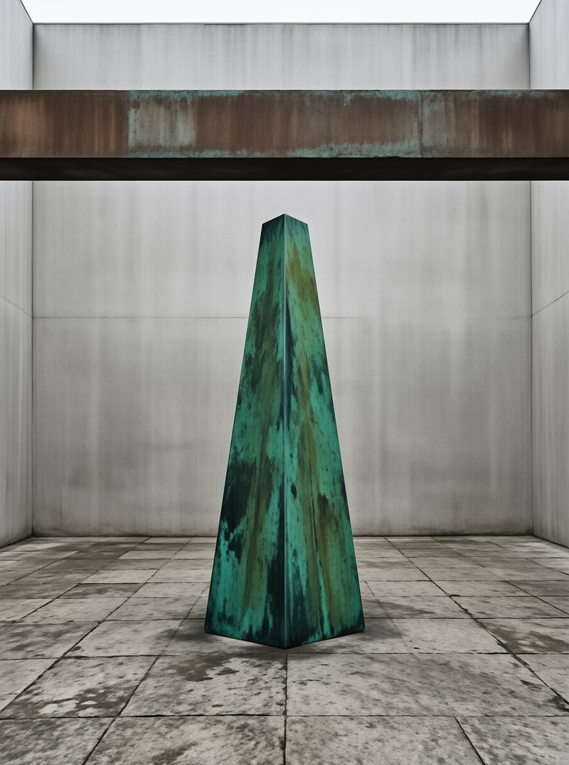 Tall tapered metal sculpture with green patina stands alone in stark gray concrete room interior.