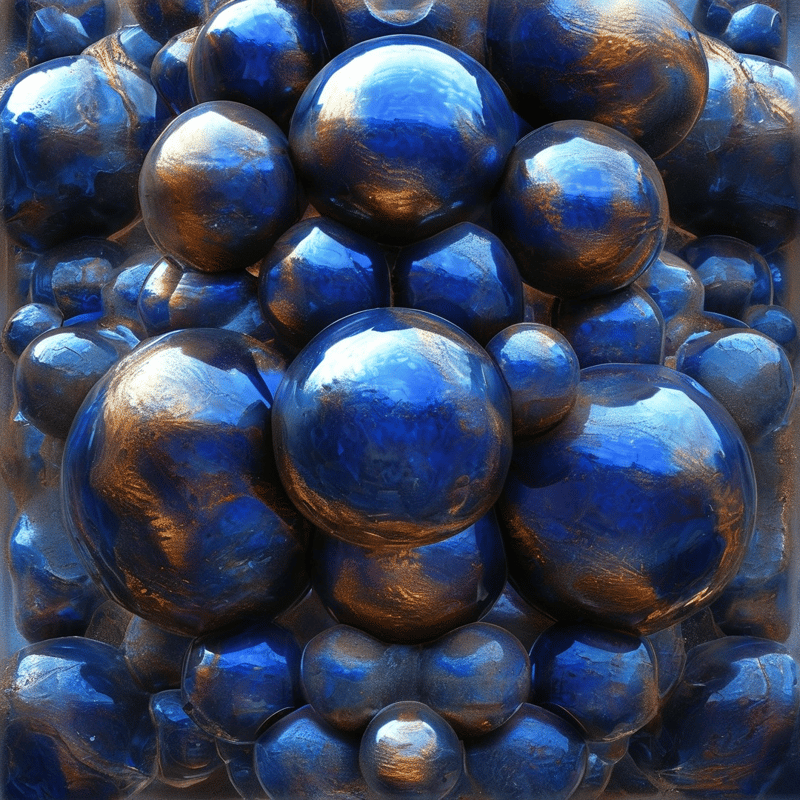 Numerous glossy blue metallic balls are piled together showing bright golden highlights and deep blue shadows.