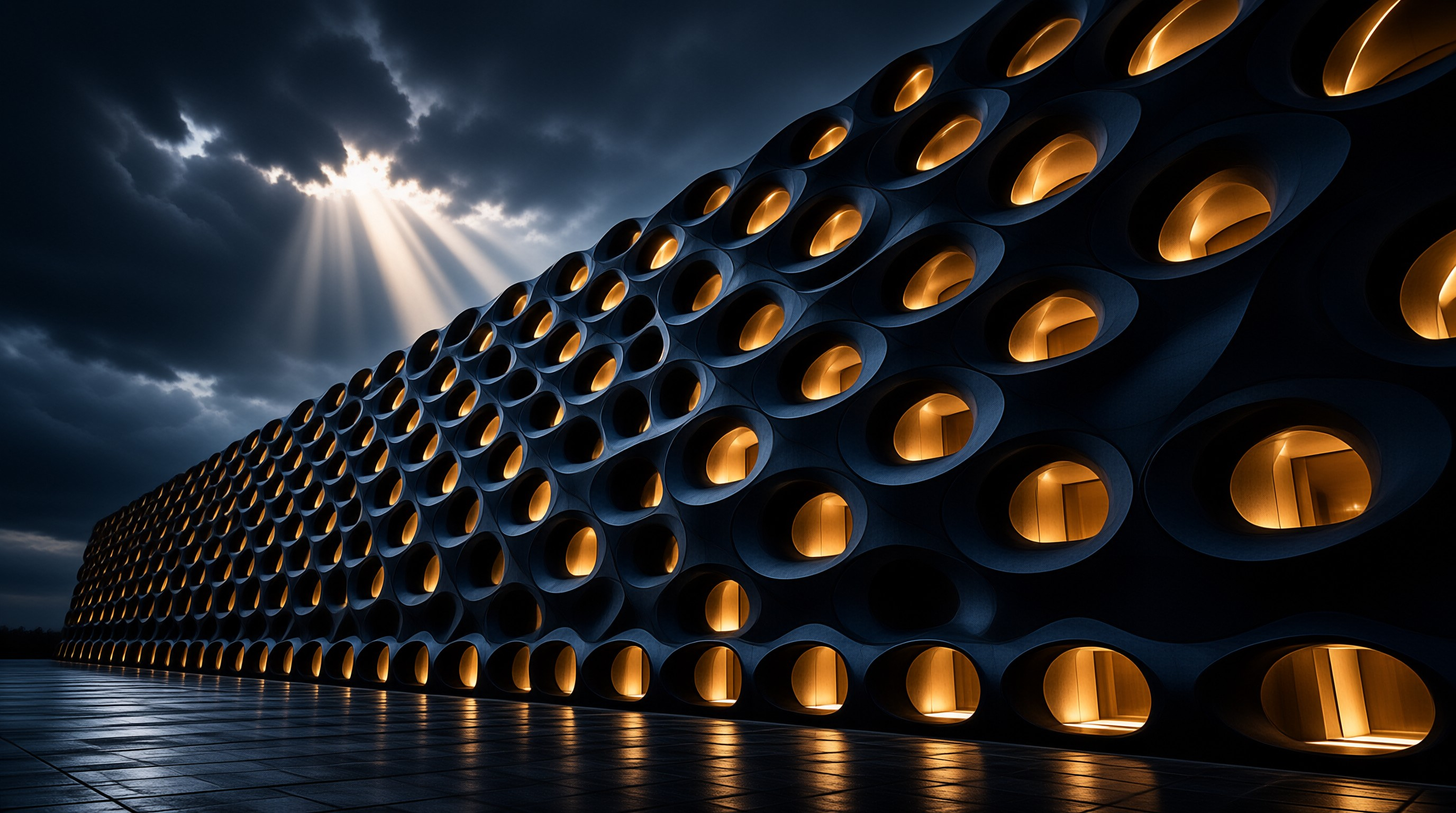 Honeycomb Facade Glowing Under Stormy Sky