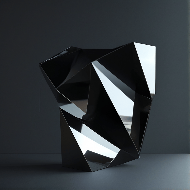 A large abstract shape composed of shiny black planes sits on a dark surface reflecting bright white light.