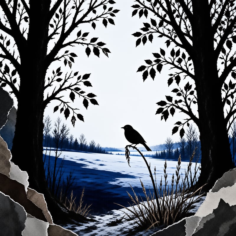 A dark bird silhouette sits on a curved branch centered between large tree trunks overlooking a snowy blue landscape.