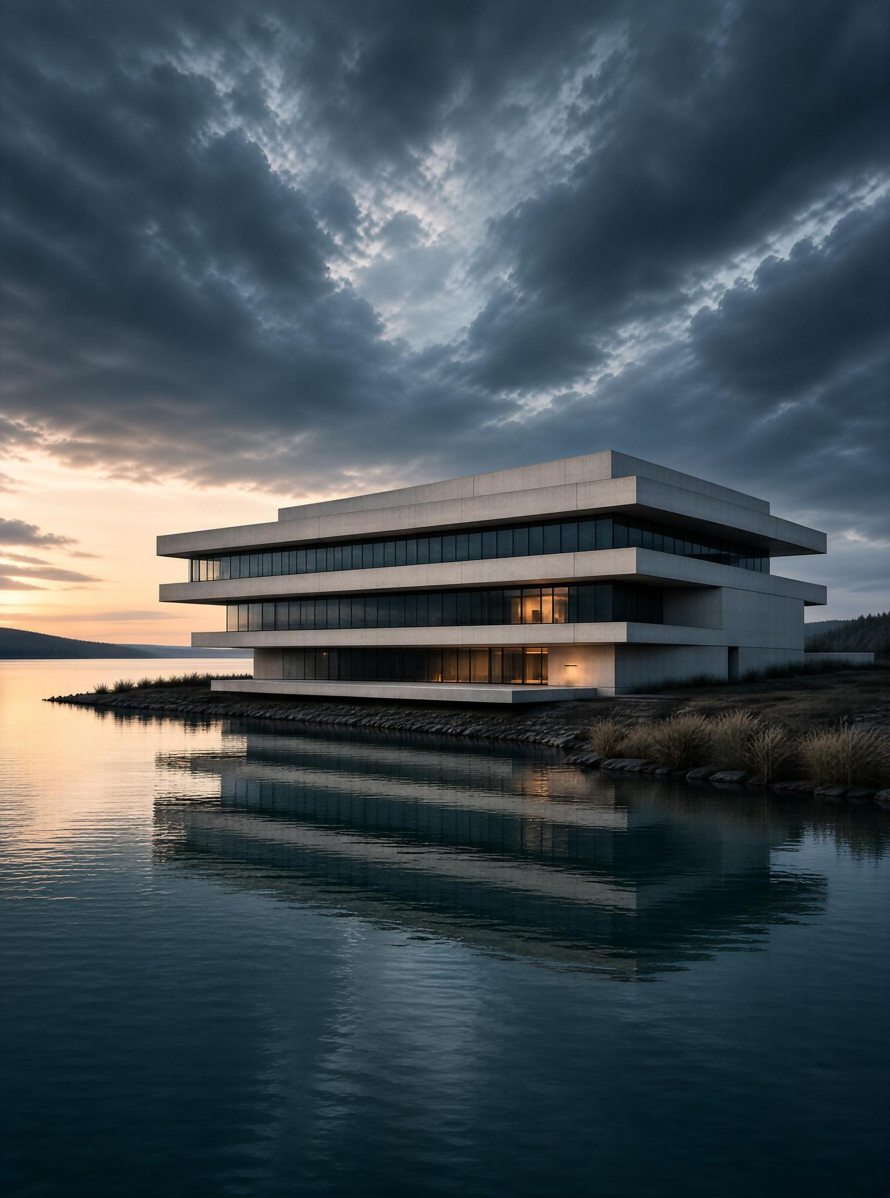 Modern Lakefront Building at Sunset