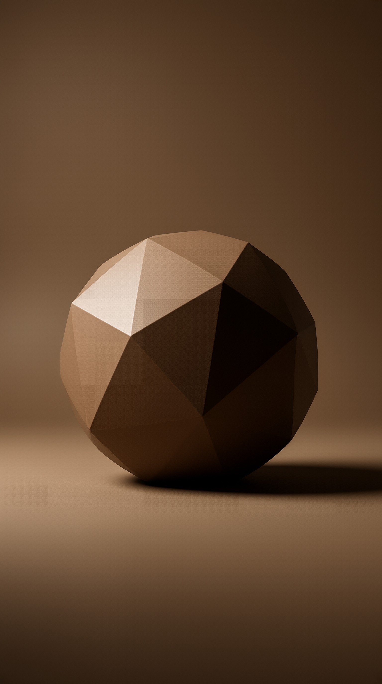 A low-poly brown geometric sphere rests on a smooth surface under focused directional lighting that creates sharp facet highlights.