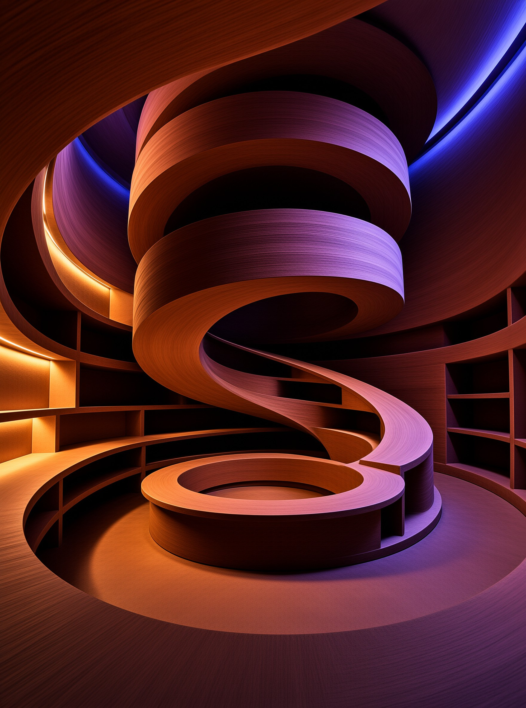 Wooden bands coil upward through a rounded reading room where amber shelves meet a thin line of blue light.