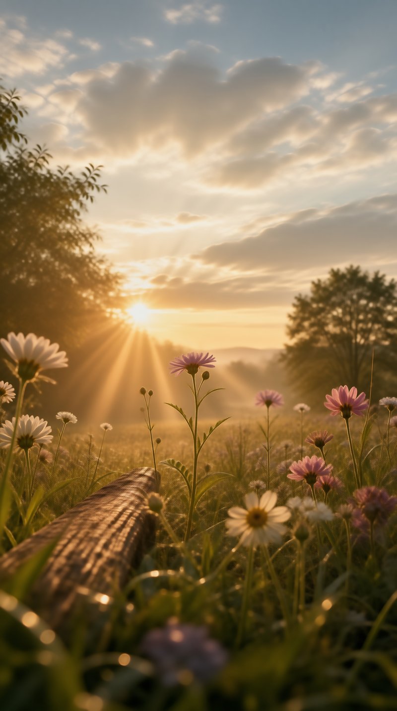 Sunset Rays Over Flower Field