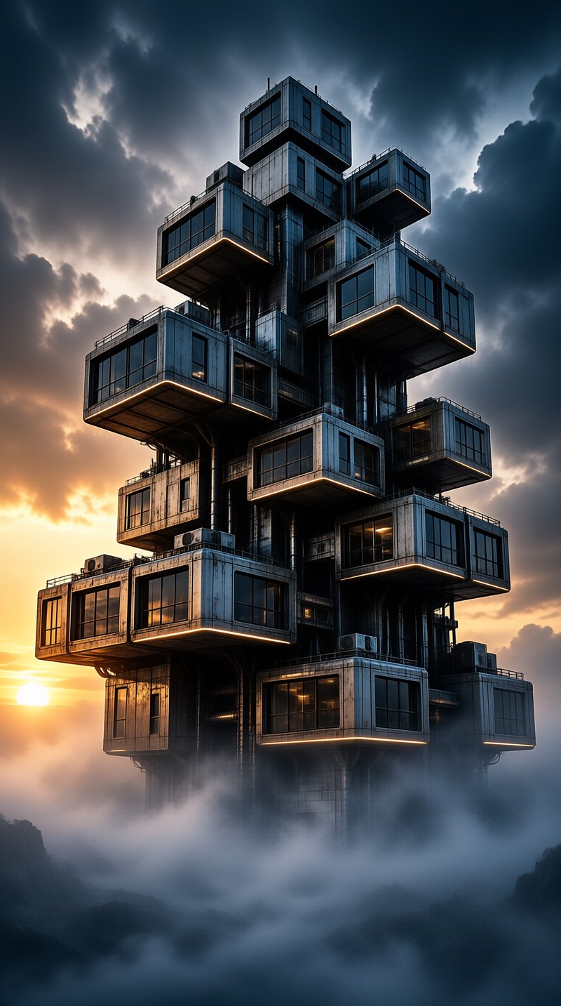 A massive skyscraper made of stacked boxes rises above foggy clouds during a dramatic sunset.