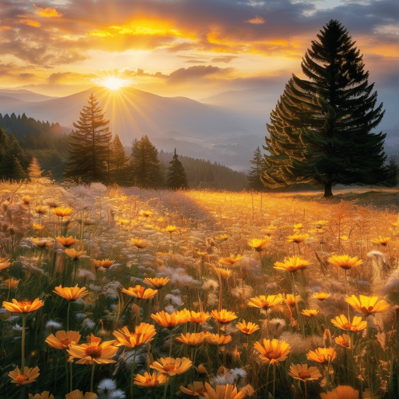 Sunset Over Flowering Meadow