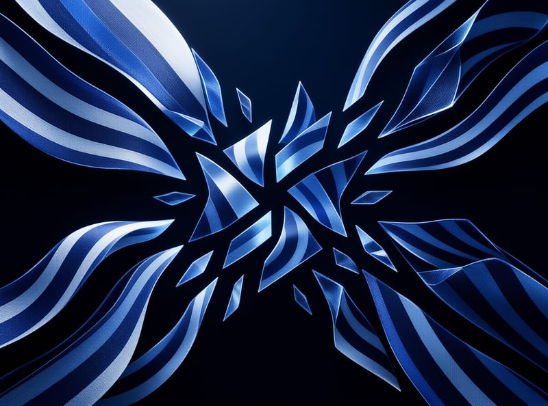 Blue digital ribbons burst outward from a center point creating high contrast against black.