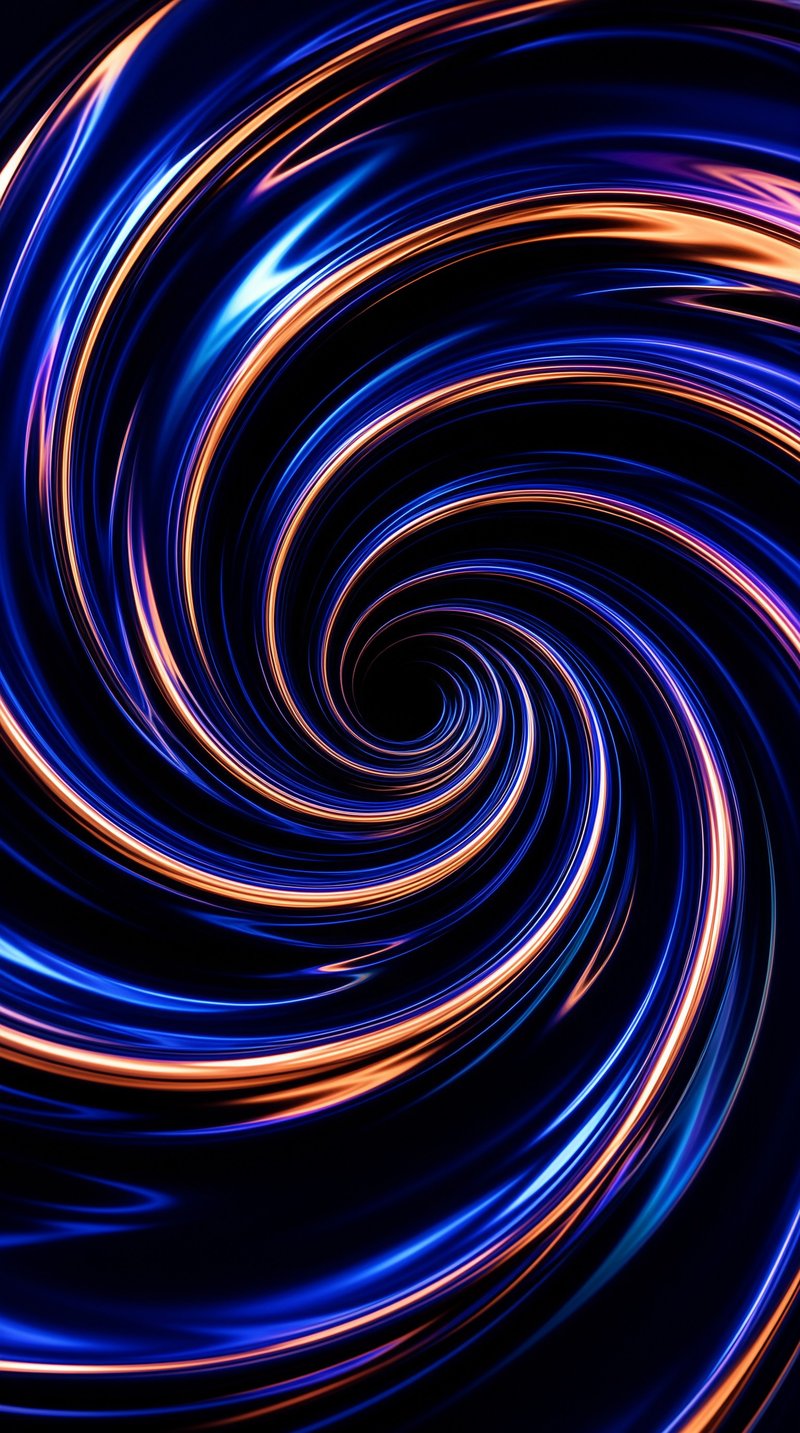 A mesmerizing spiral of luminous blue and copper streaks curves inward against a pitch-black background.