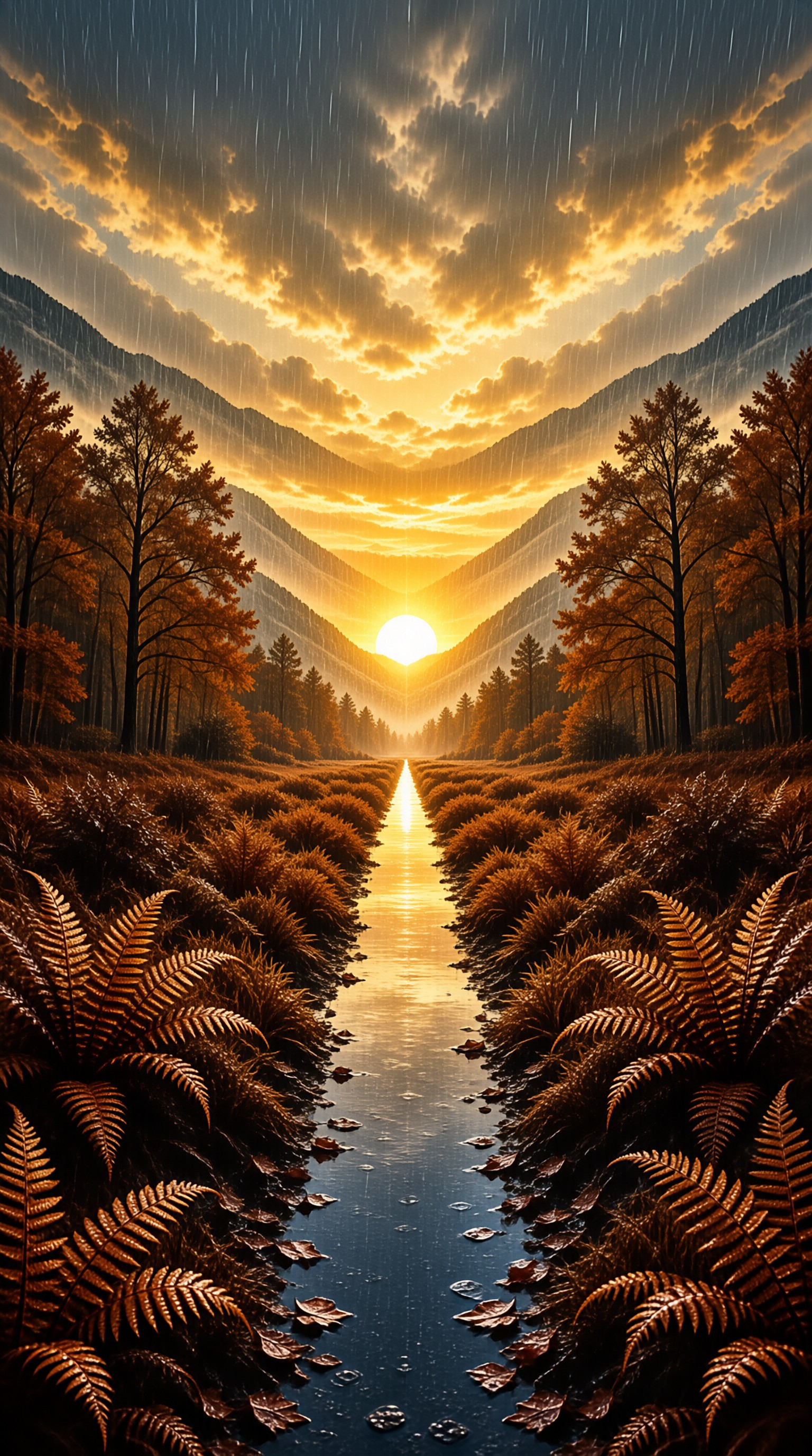 A narrow stream reflects the sun setting between mountains while rain falls over the surrounding autumn forest and ferns.