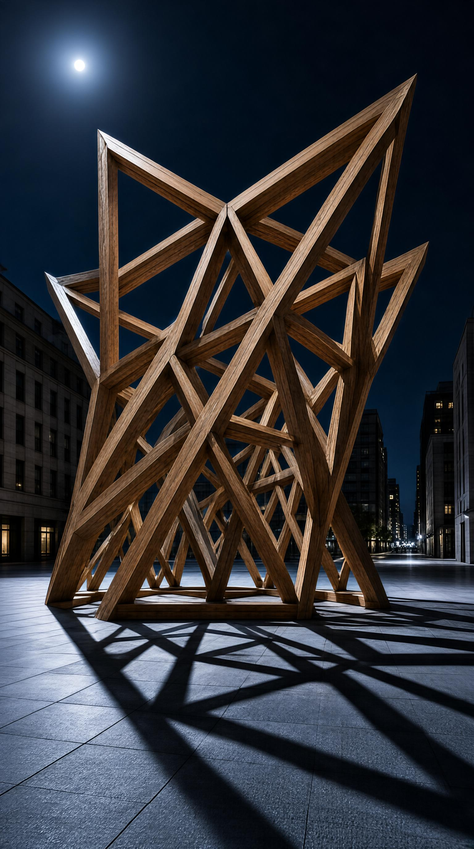 Wooden Geometric Sculpture at Night
