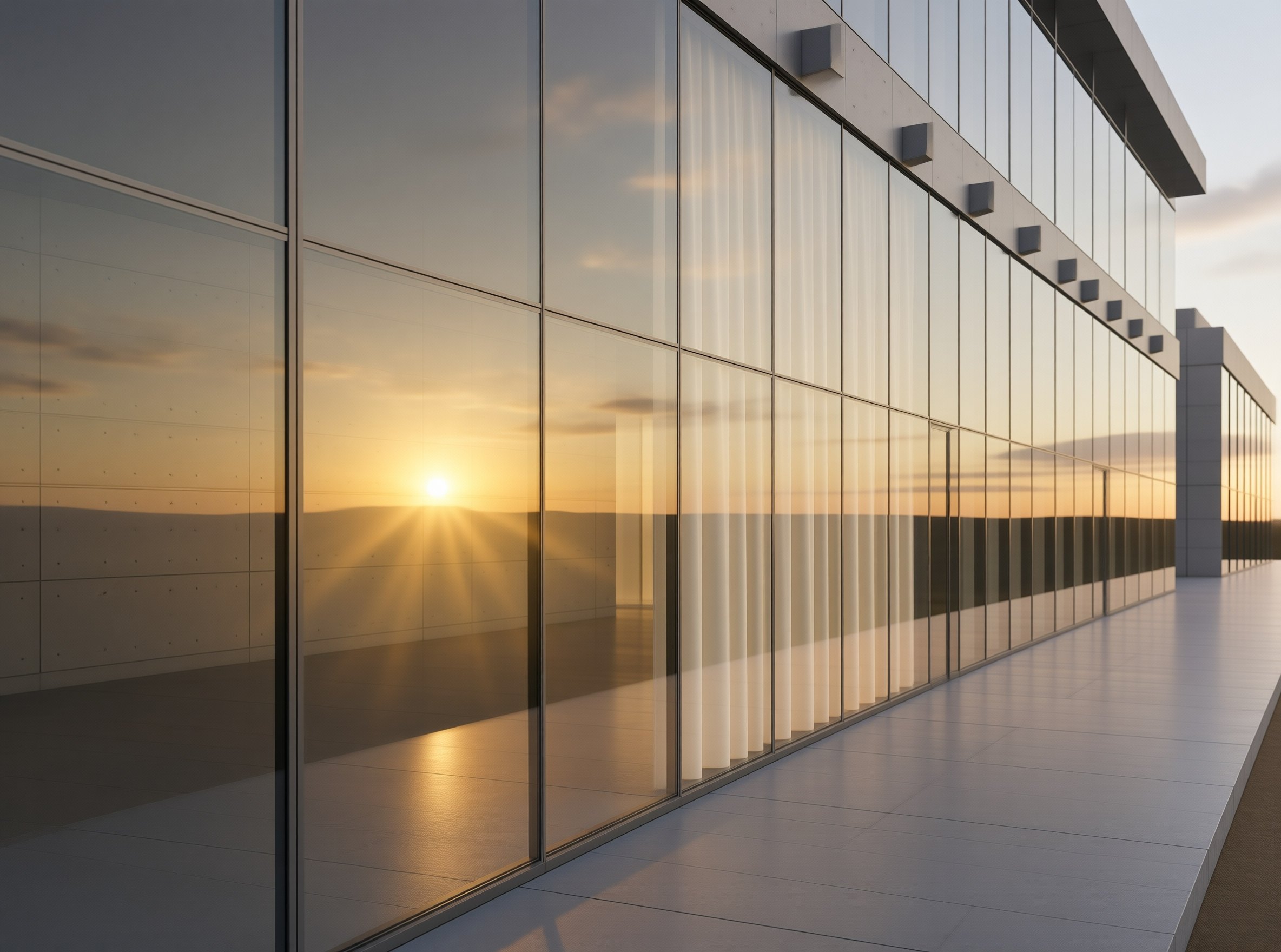 Modern Glass Building at Sunset