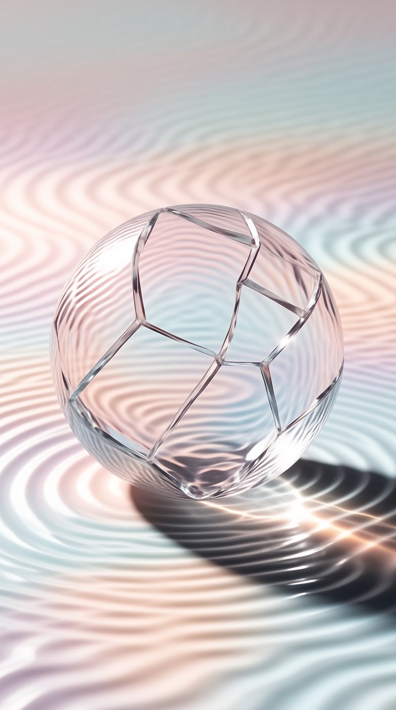 A faceted transparent orb refracts soft pink and blue light across gently waving iridescent ridges below it