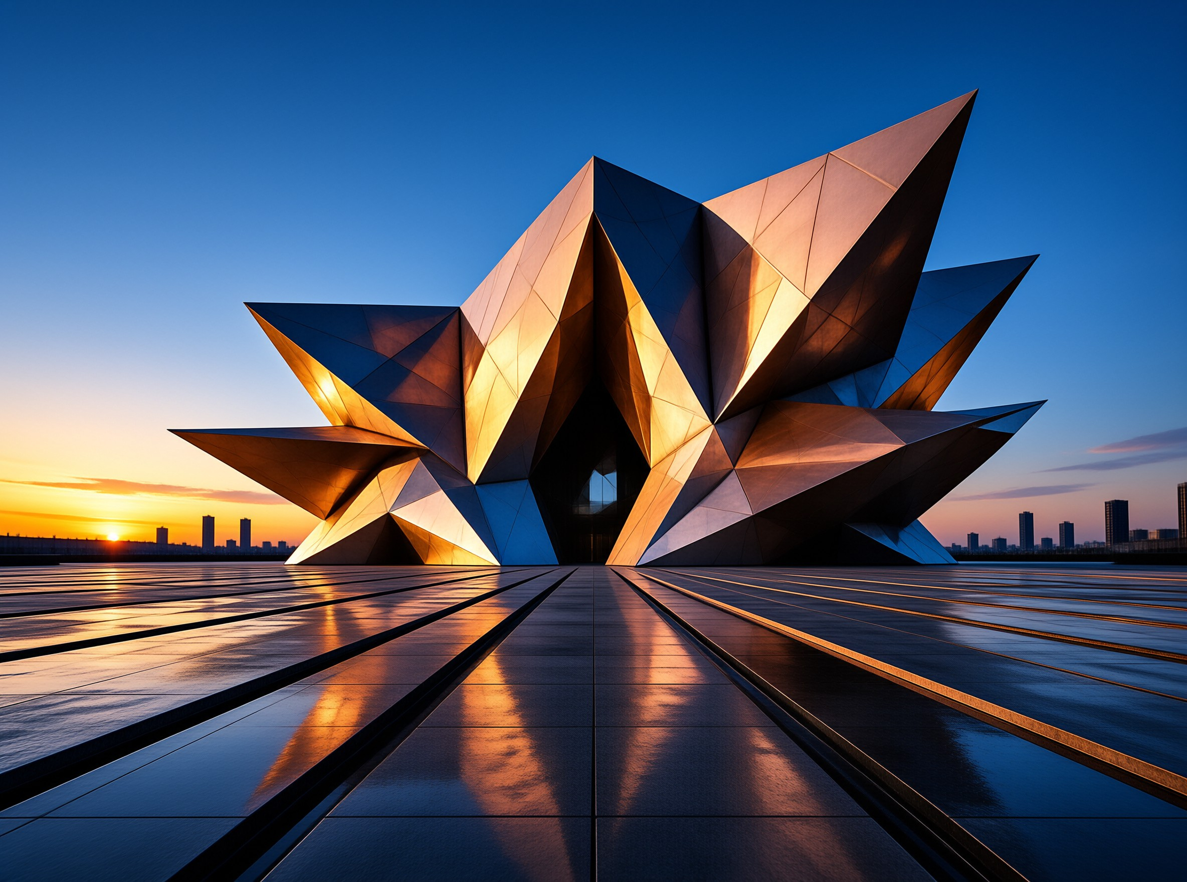 A faceted architectural structure sits on a glossy plaza mirroring the warm hues of the setting sun and horizon.