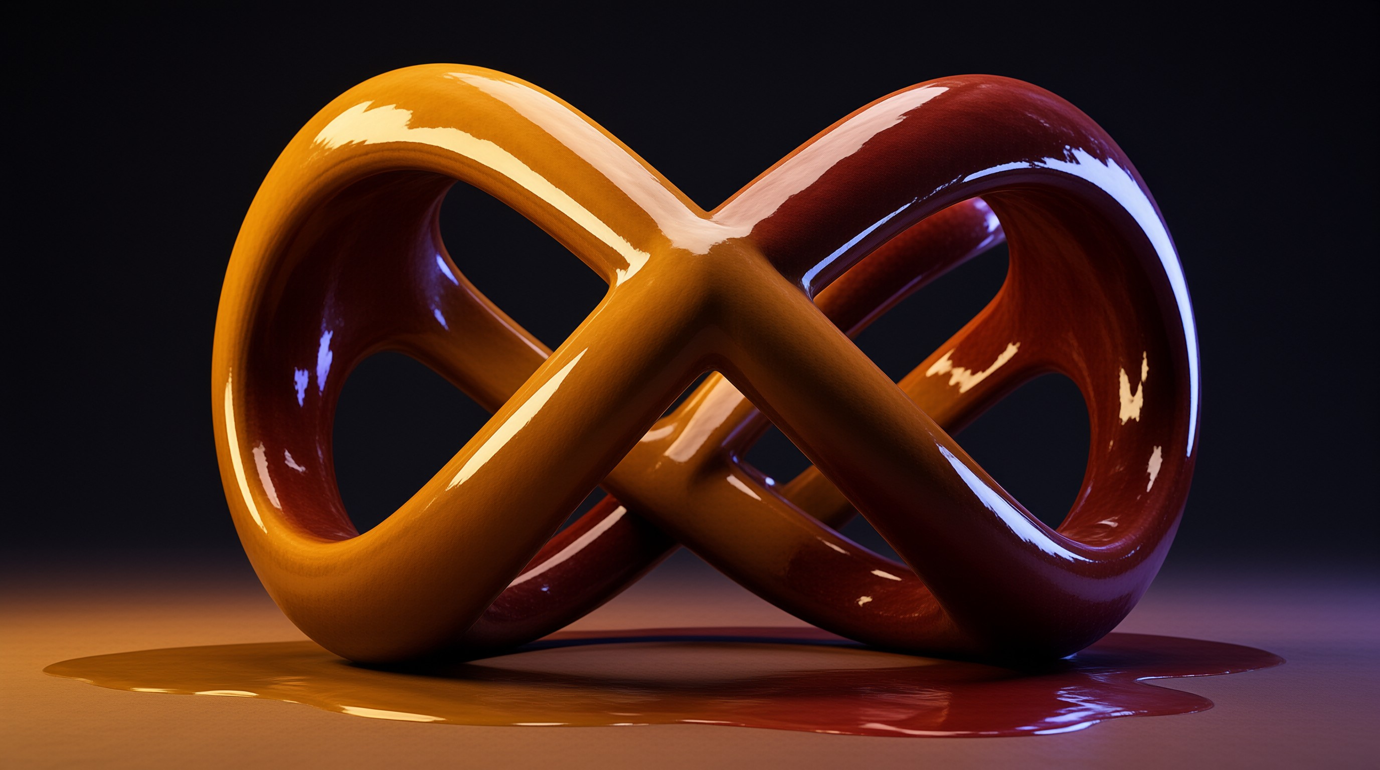 A smooth figure eight sculpture shifts from golden amber to deep red, resting on a polished reflective floor.