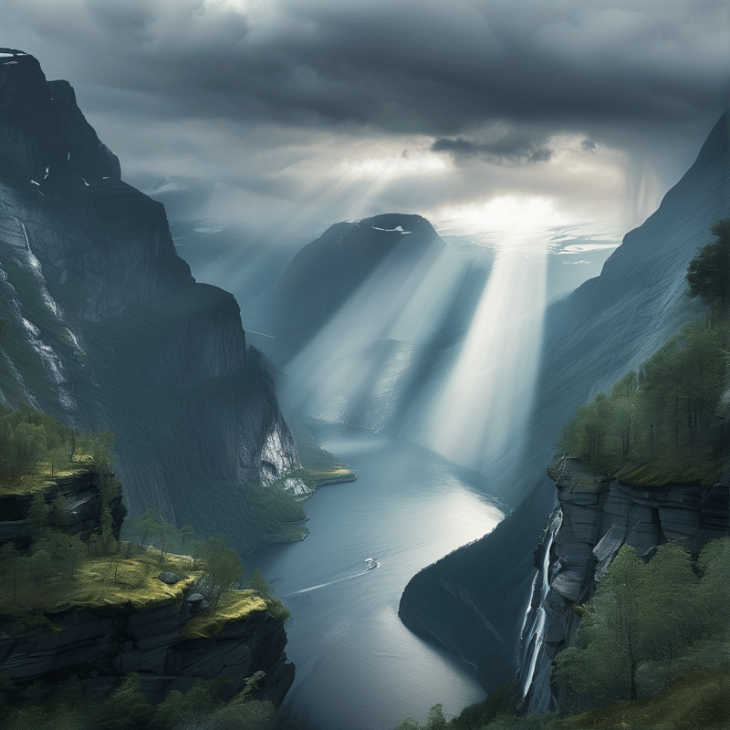 Dark clouds release intense rays over a deep fjord flanked by steep cliffs and waterfalls flowing into the water below.
