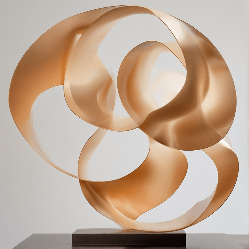 An abstract copper sculpture with fluid twisted loops rests on a dark base against a plain grey wall under soft lighting.