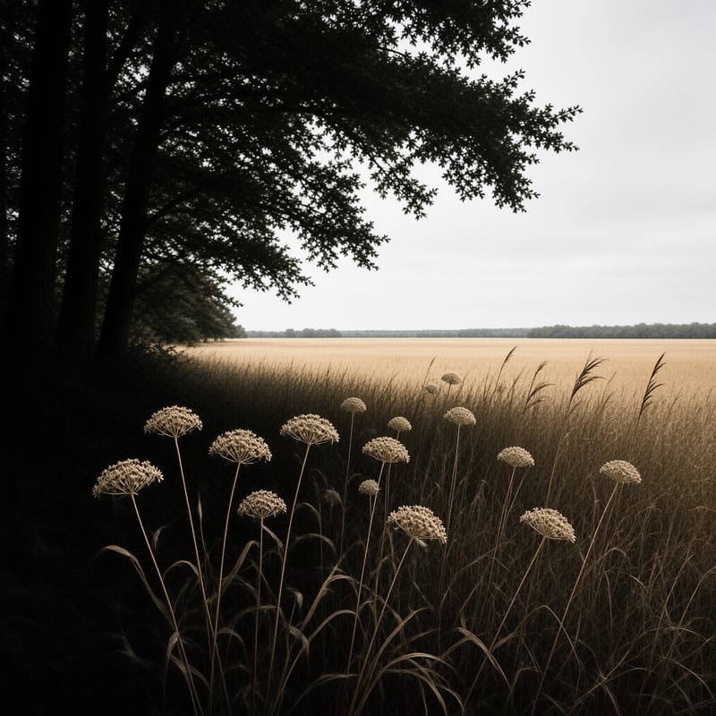 Tall dried wildflowers stand in the shadowed foreground before a wide field of golden grass and distant trees.