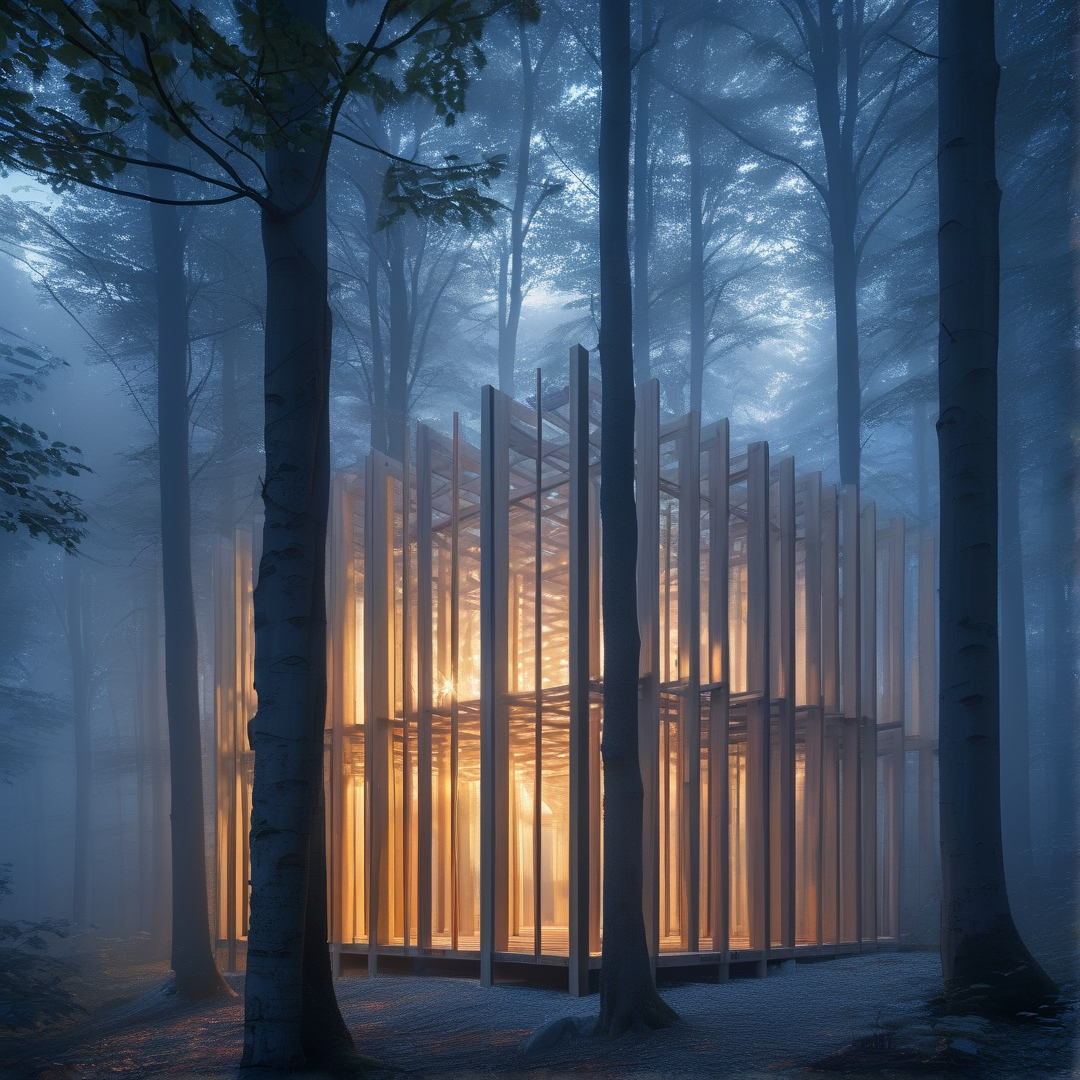 Wooden Cabin in Misty Forest