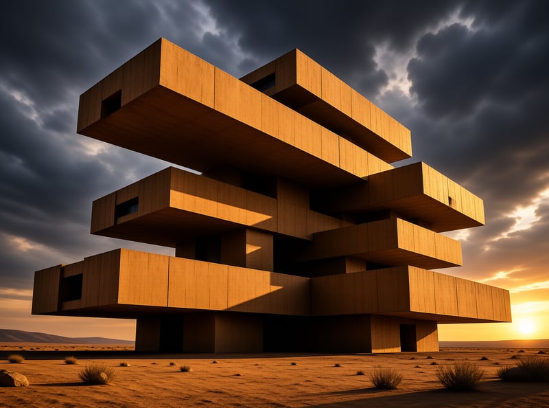 Large geometric concrete blocks stacked irregularly stand in a vast desert landscape beneath a stormy sky glowing with sunset orange light.