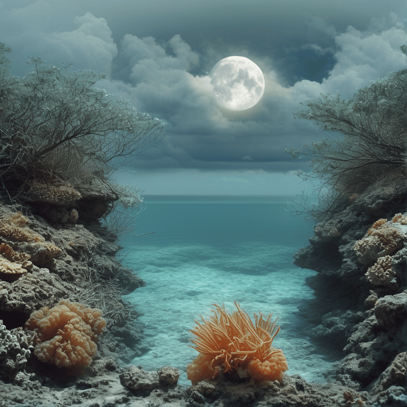 Rocky shores lined with bright orange corals overlook calm teal waters beneath a large glowing moon.