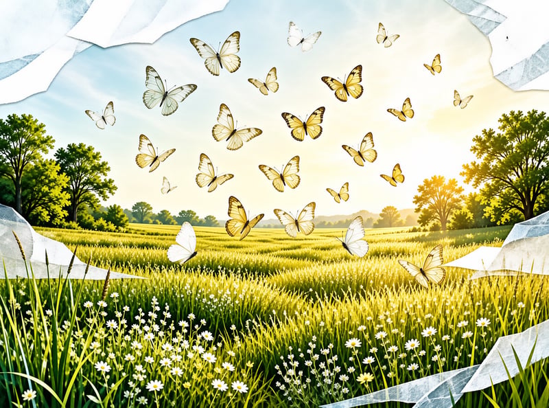 Numerous butterflies drift above a lush field of white flowers and green grass beneath a bright sky.