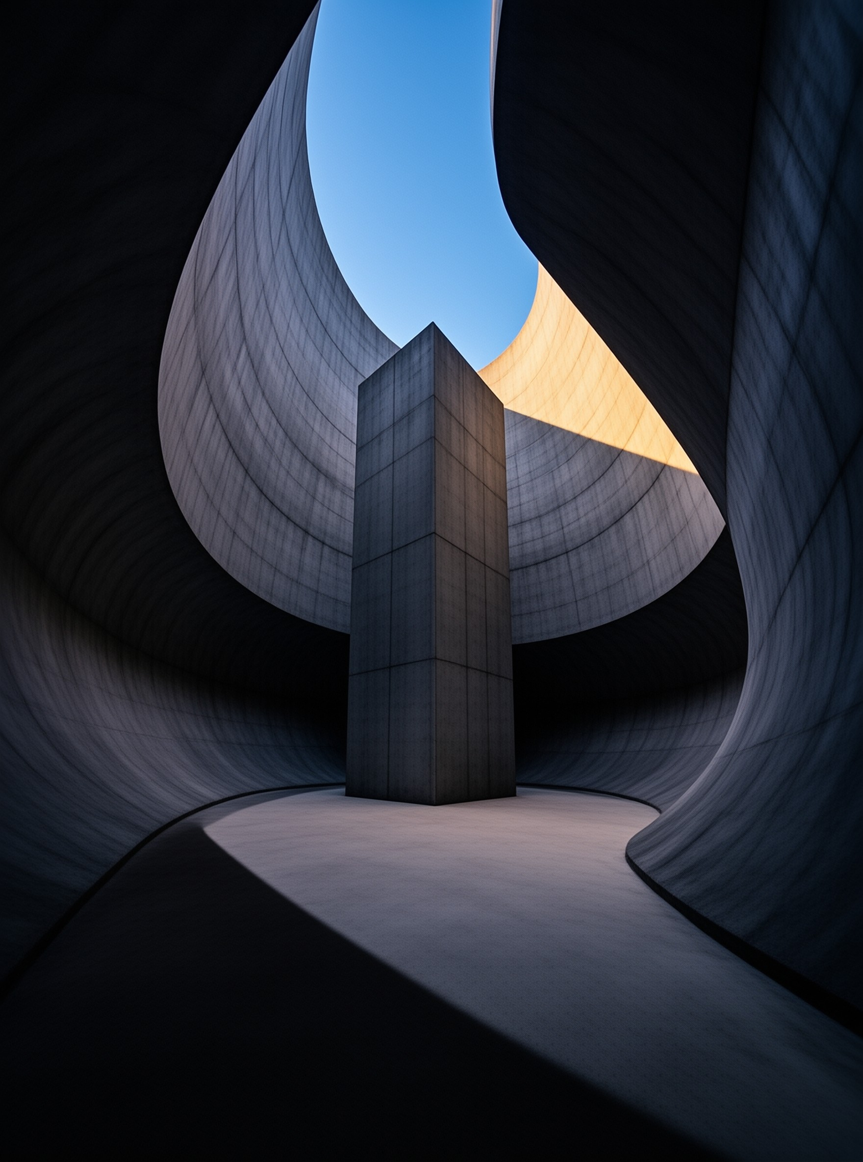 A tall grey pillar stands centrally in a space defined by sweeping dark walls and warm sunlight.