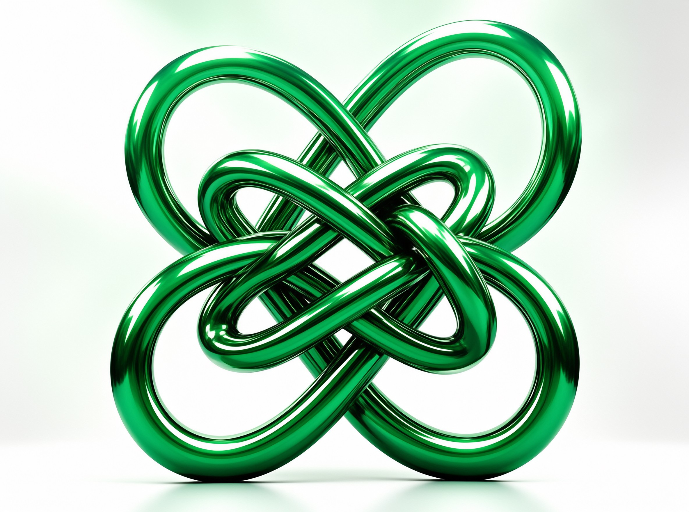 A glossy emerald green interwoven metal ring sculpture sits centered on a pale background, with soft highlights on its curved surfaces and faint shadows below it.