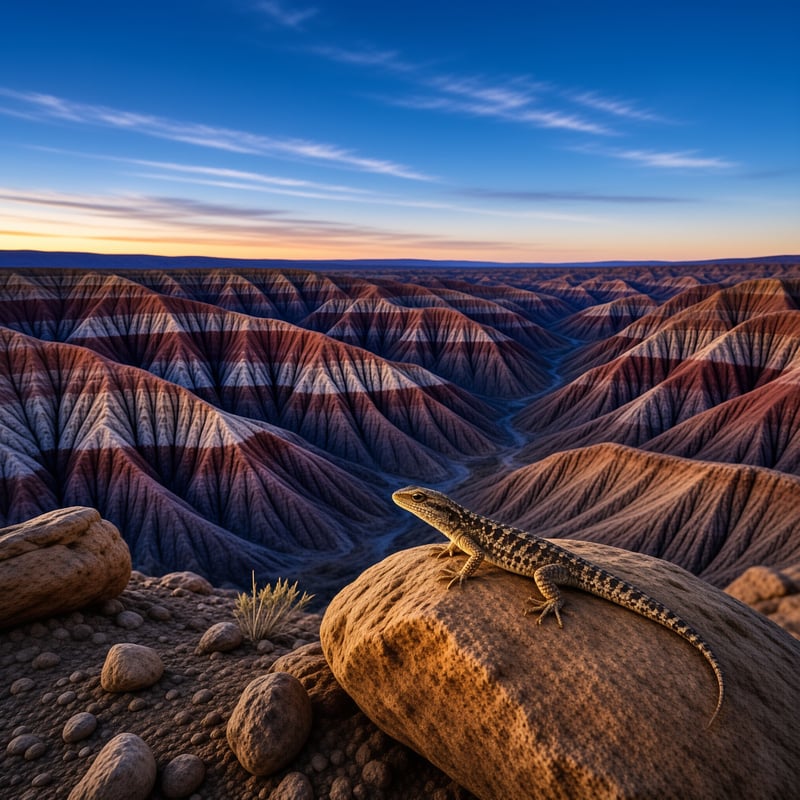 A lizard sits on a warm rock overlooking a vast landscape of eroded hills with striped sediment layers under a blue sky.