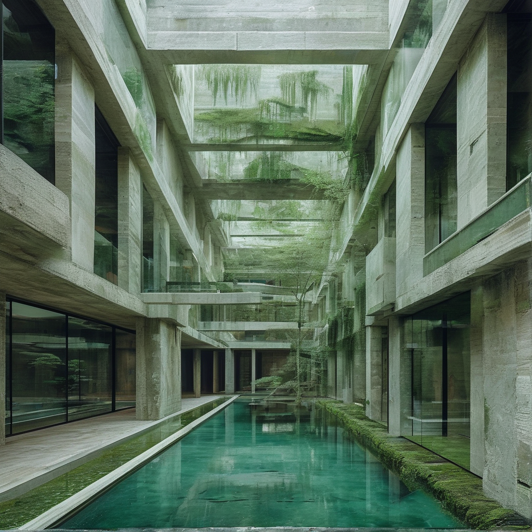 Multi-story structure displays a long pool of water reflecting its mossy exterior under soft lighting