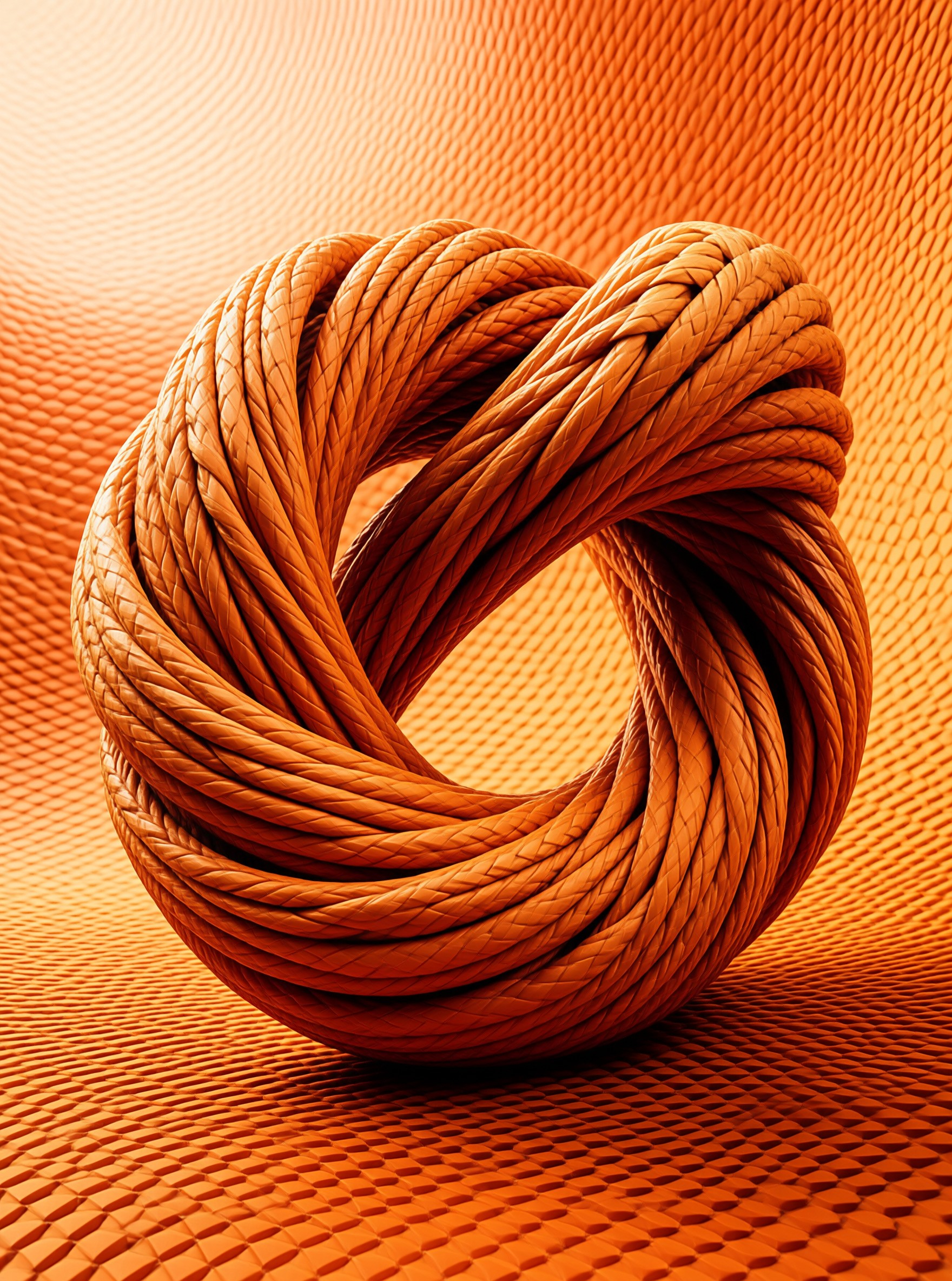A thick braided rope forms a complex knot resting on a matching orange woven surface under warm directional light.