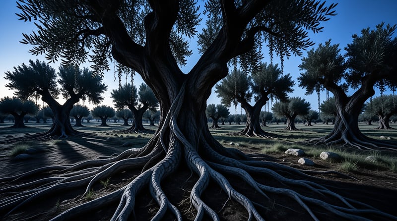 Large olive trees with exposed twisted roots stand in a grassy field under a cool blue twilight sky.