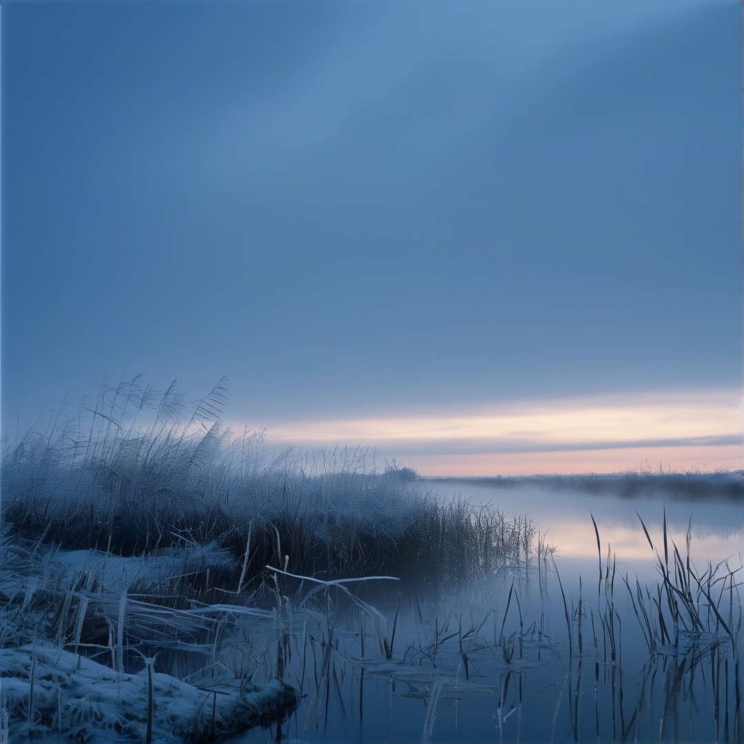 Frost covered wetland reeds stand at the edge of a misty lake beneath a blue sky with a pale pink dawn glow.