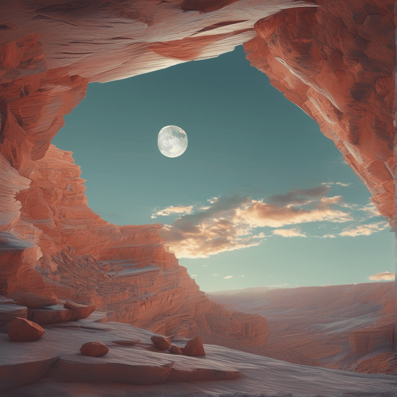 Looking out from inside a red sandstone arch towards a canyon with a bright moon and clouds.