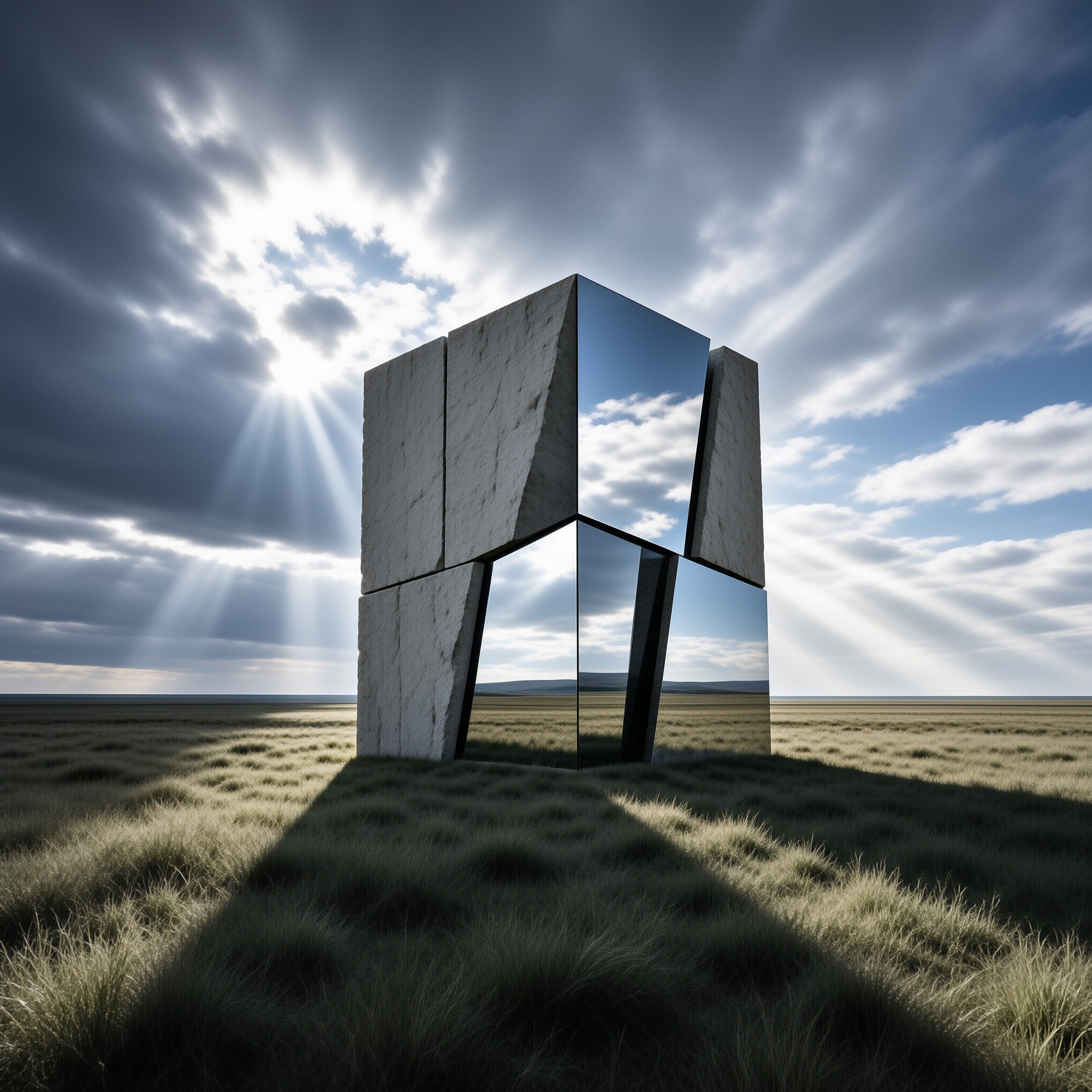A geometric structure of concrete and mirrors stands in a grassy field under a dramatic sky with sun rays.