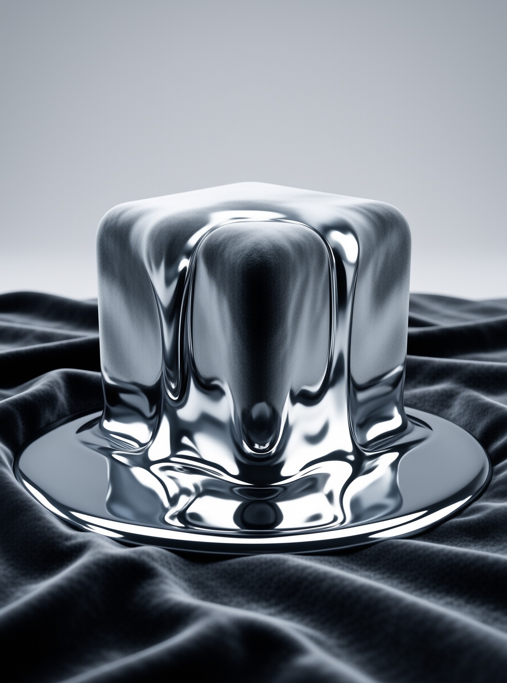 A shiny liquid metal mass rests on folded black cloth with bright white reflections of studio lighting.