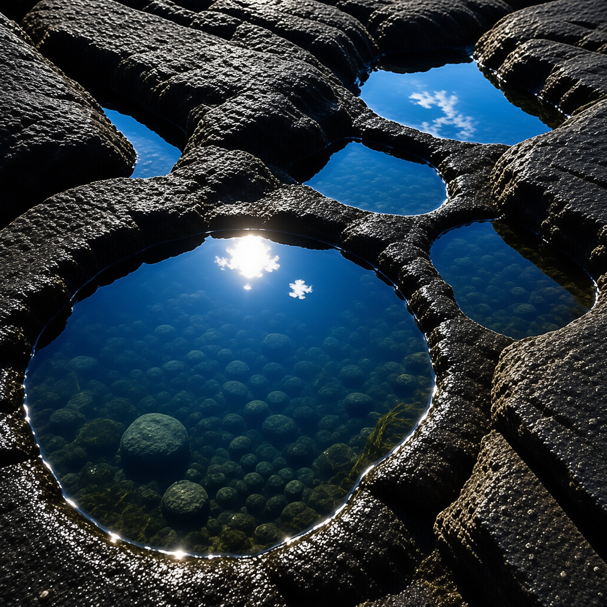 Water-filled depressions in dark rock reflect the sun and sky while submerging many round boulders.
