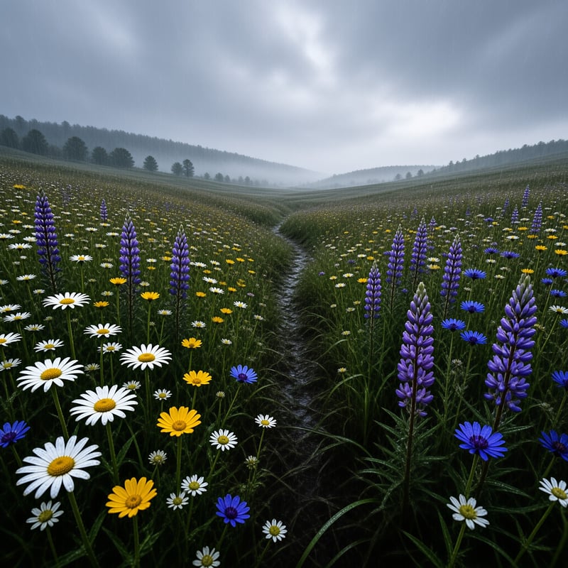 Misty Valley with Wildflowers