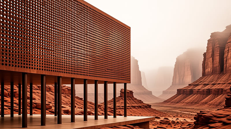 A rust colored perforated structure stands on thin pillars overlooking a misty red rock desert landscape under soft hazy light.