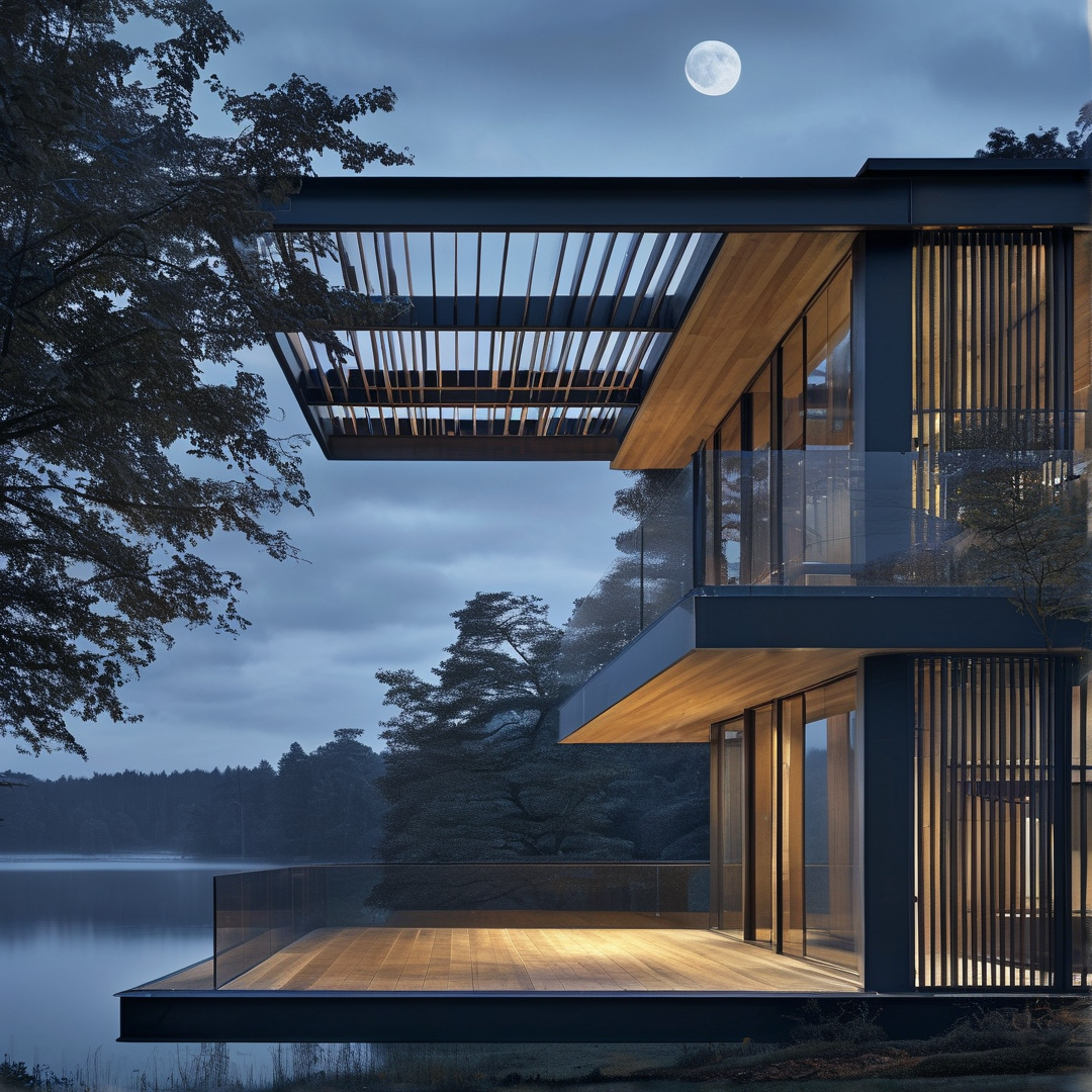 Glass and wood architecture extends over a calm lake at dusk with warm interior lighting glowing against the blue twilight sky.