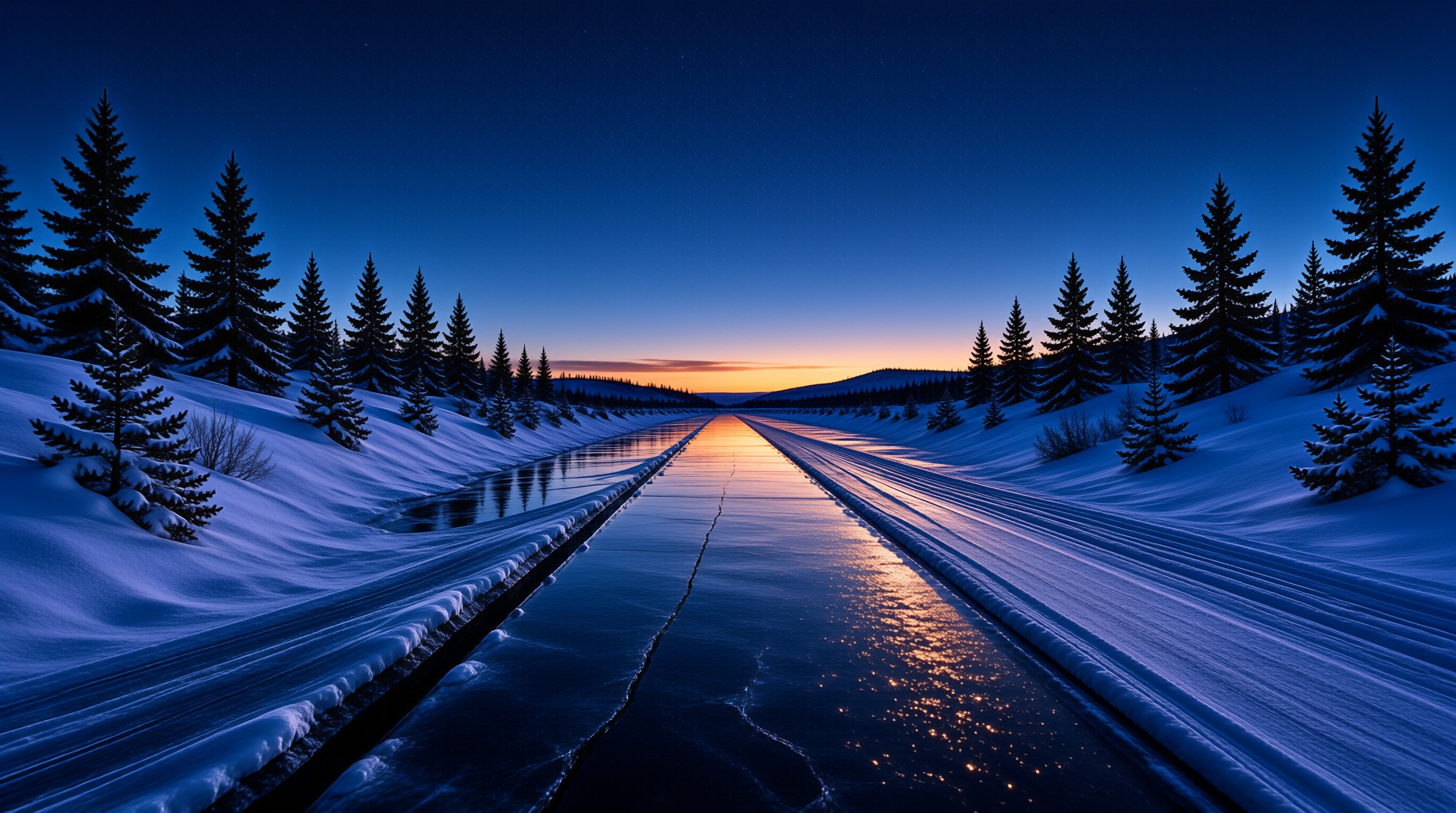 Frozen Winter Road at Dusk