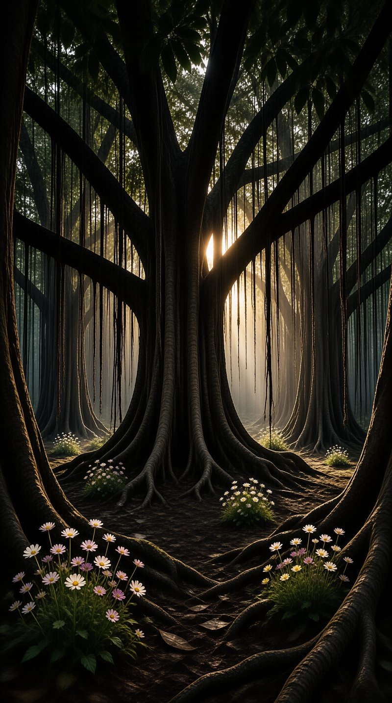Thick trunks and hanging root vines drape a shadowy grove where shafts of golden sun pierce the canopy above small daisies