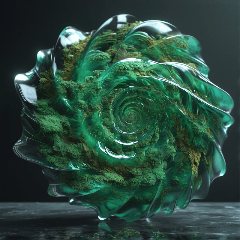 A swirling green glass form encasing moss rests upon a dark reflective surface.
