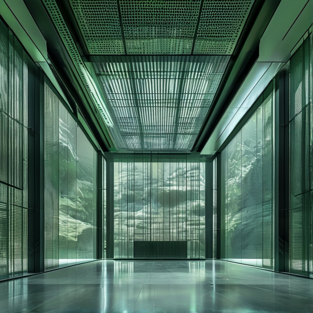 A green interior corridor features a perforated ceiling and glass walls overlooking rocky landscape formations.