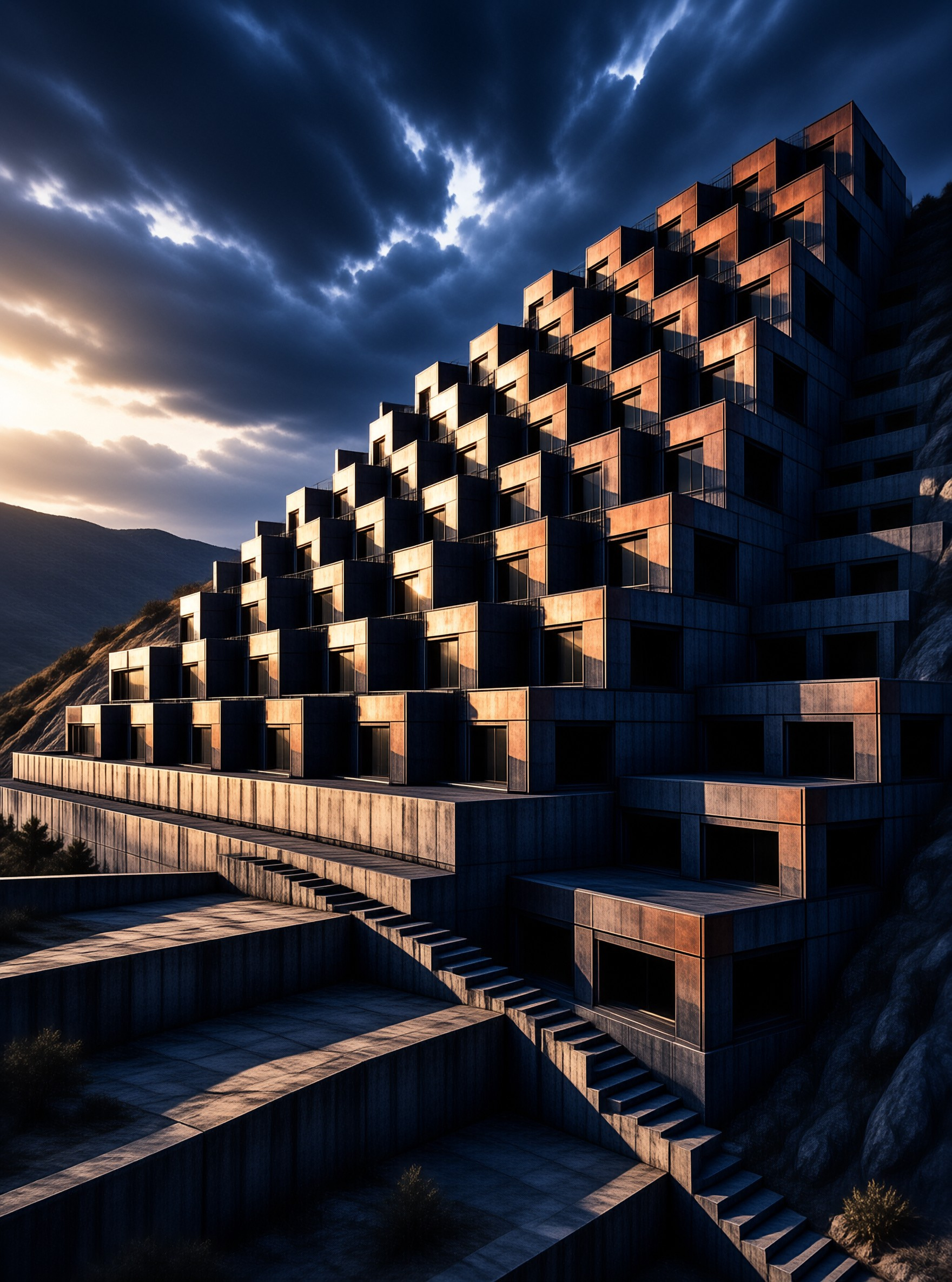 Stacked concrete blocks form a large structure on a hillside illuminated by low sunlight against dark clouds.