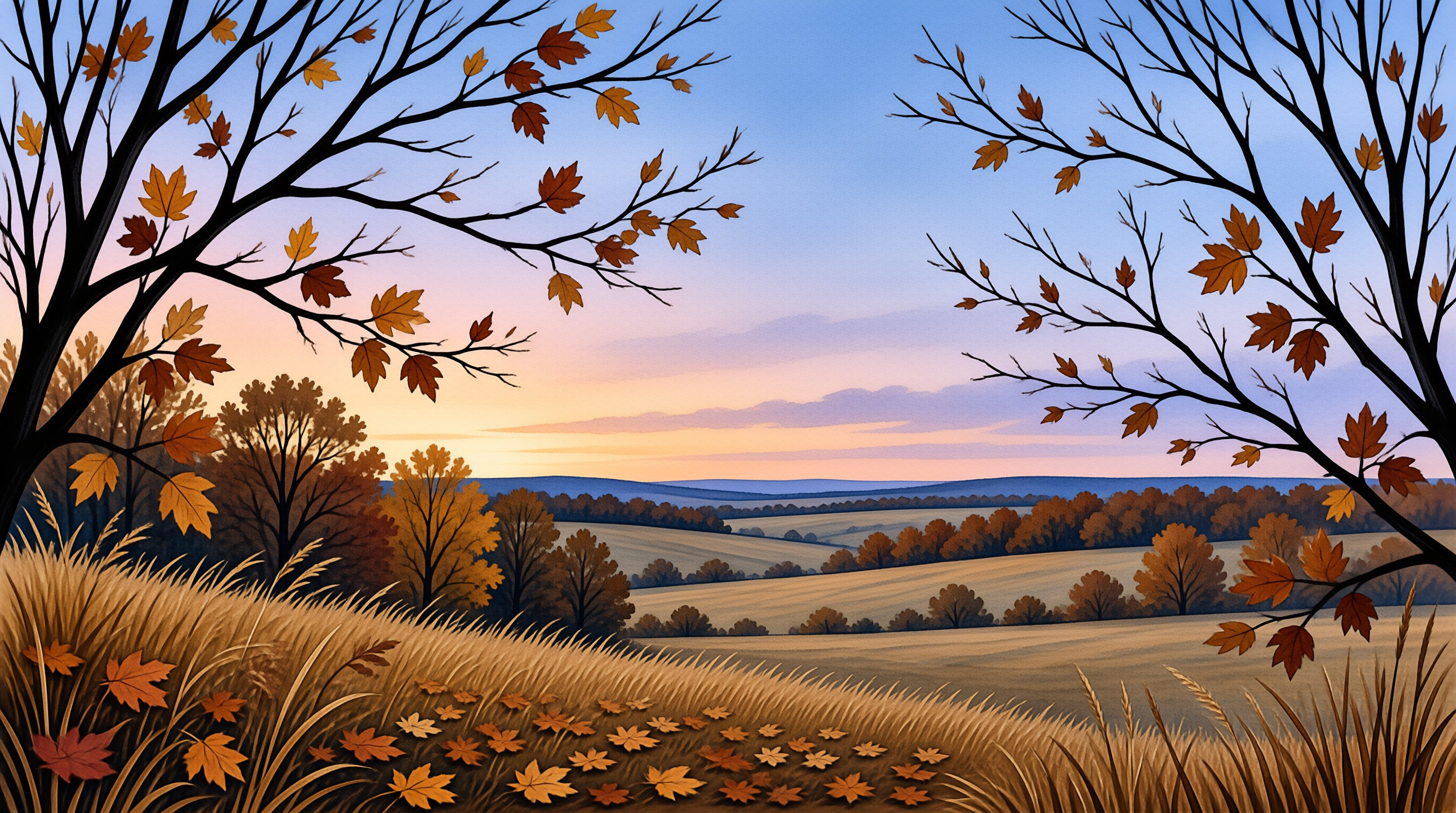 Illustrated autumn scene with dark maple branches framing a wide rolling valley bathed in warm sunrise light against a blue and peach sky.