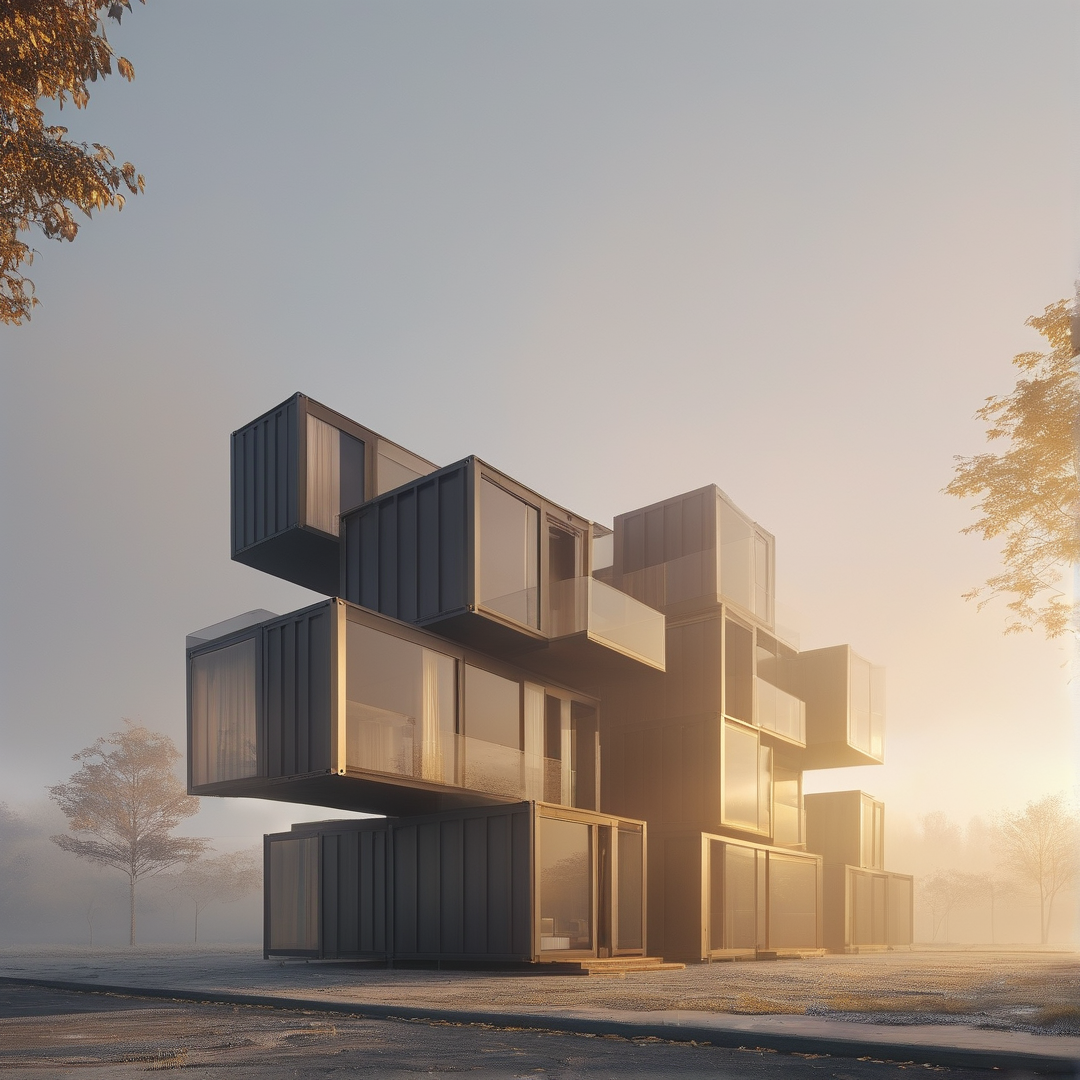 A multi-story shipping container house with large glass windows and balconies stands in a misty landscape bathed in warm light.