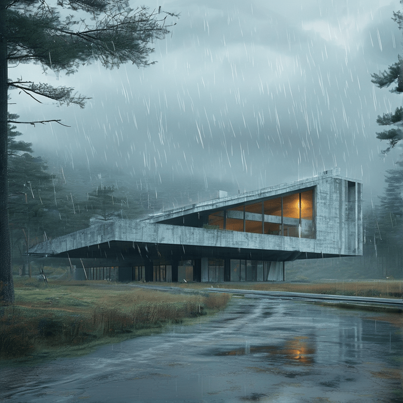 A concrete building stands in a misty pine forest while heavy rain falls and warm light shines from inside.