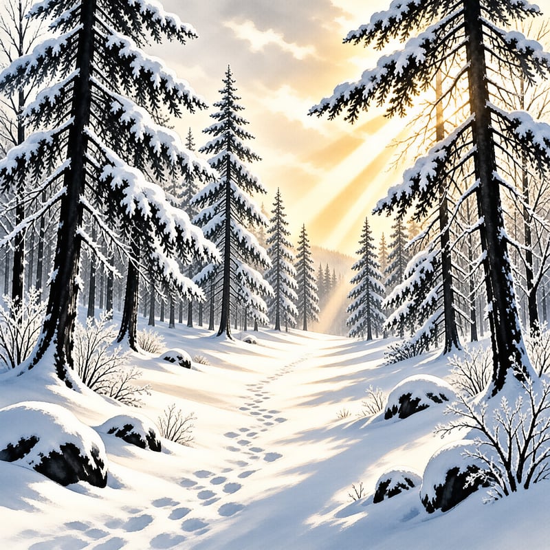 Tall evergreen trees laden with thick white snow line a winding path where a single set of footprints leads toward a bright golden sunrise.