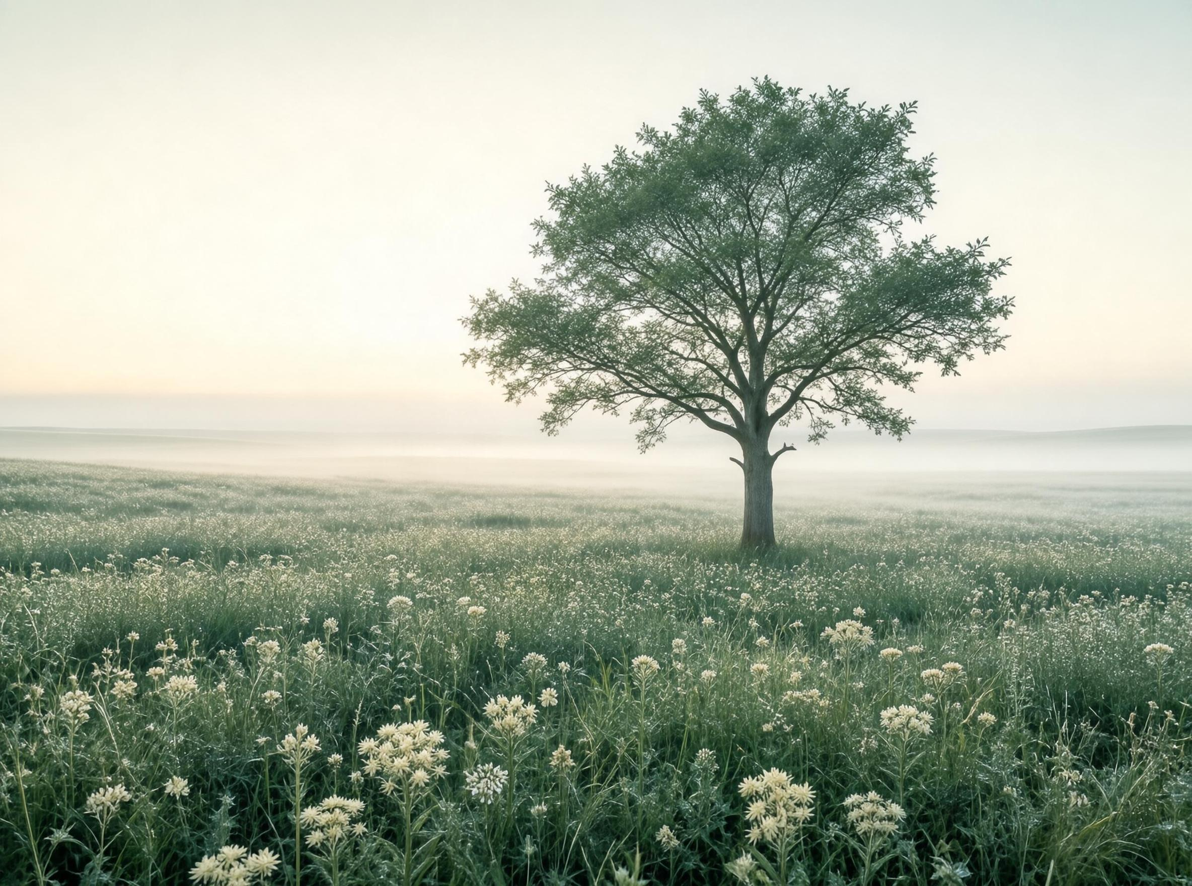 Solitary Tree in Misty Field